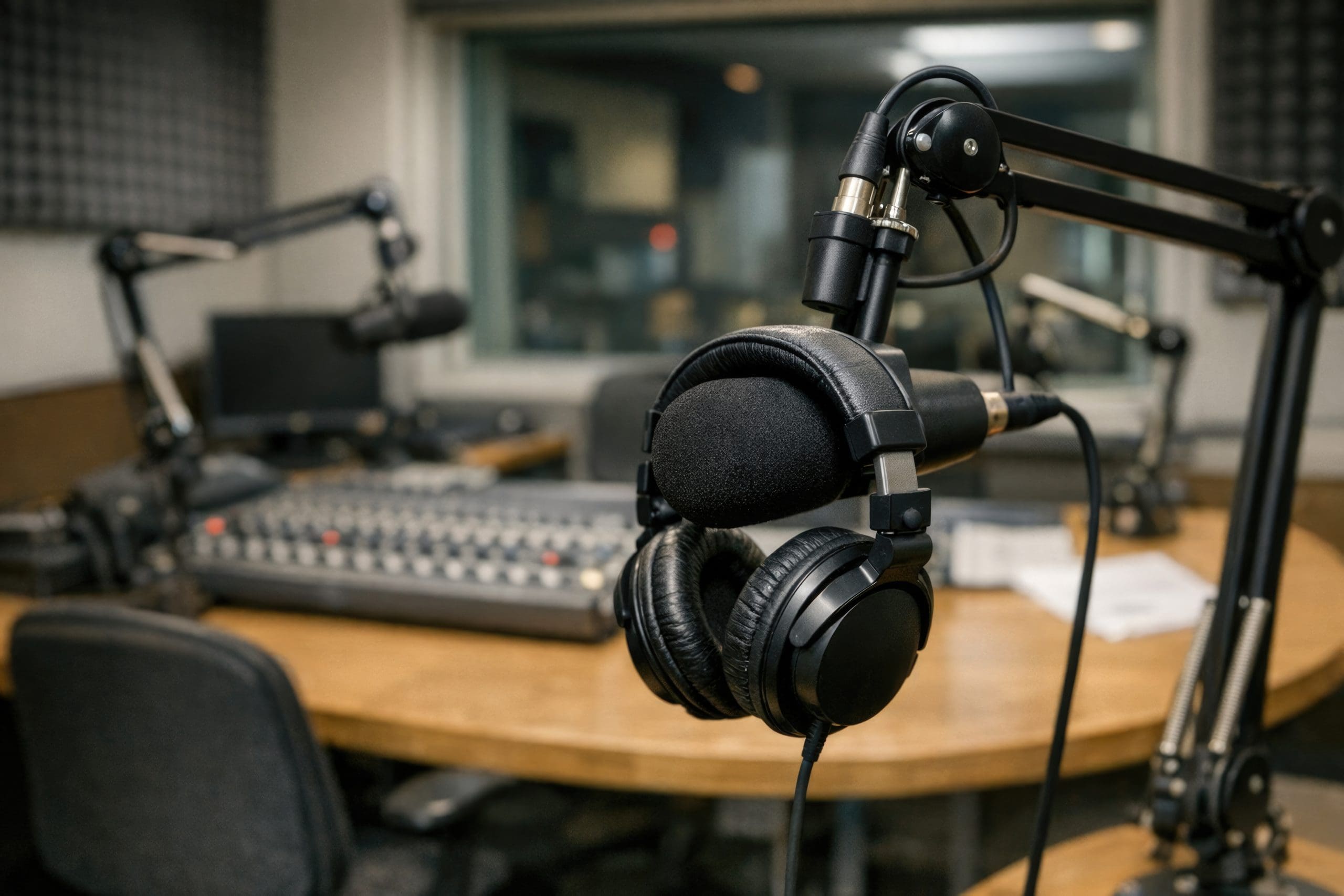 Microphone And Headphones In A Professional Recording Studio Setting